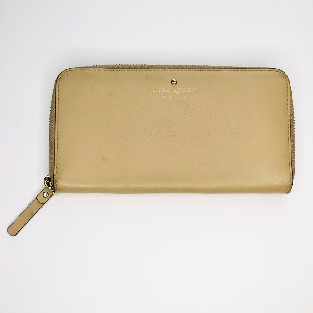 Kate Spade Beige Wallet Gold Zip Around Clutch Leather Pockets Money Coin Card